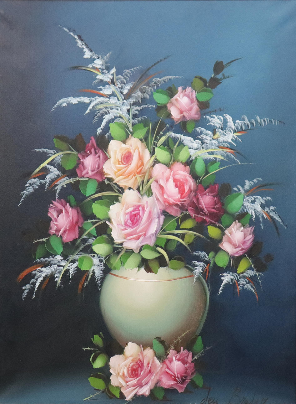 olja på duk, blomsterstilleben.