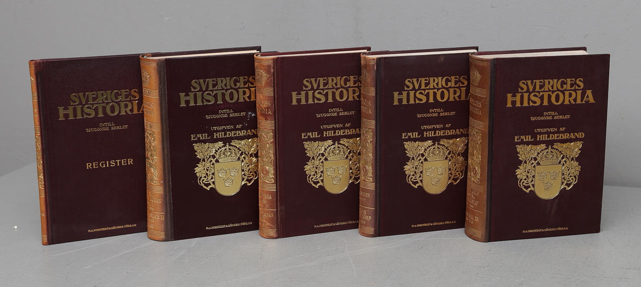 BOKVERK, 5 volymer, "Sveriges historia", Emil Hildebrand, tidigt 1900-tal.
