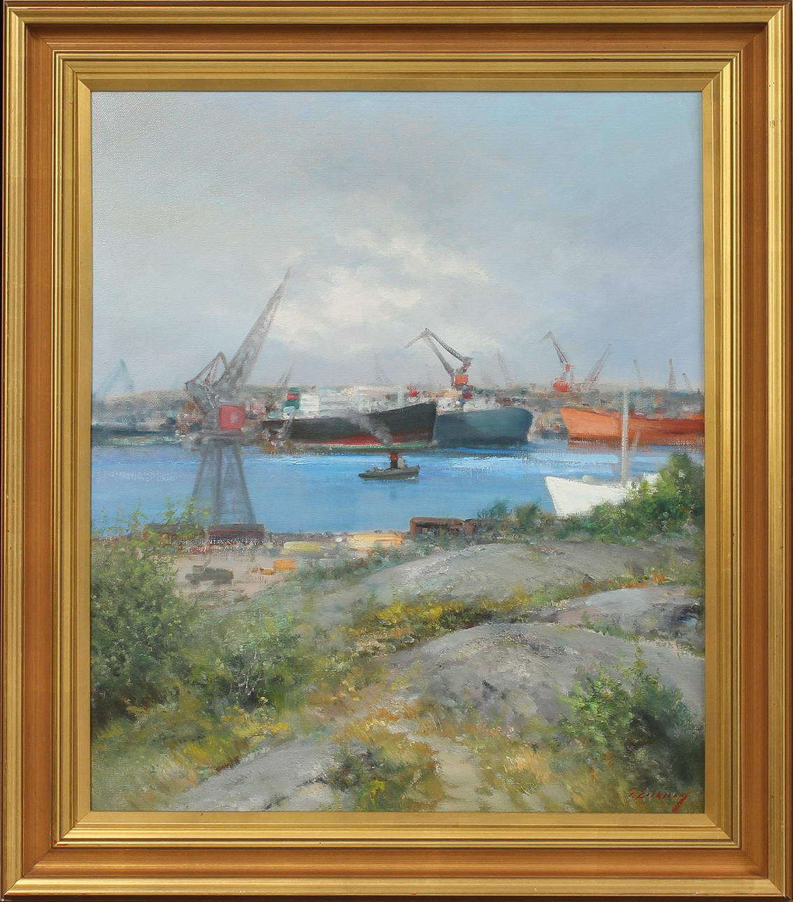 TAGE ERIKSSON. Hamnbild Göteborg, olja på duk, signerad.