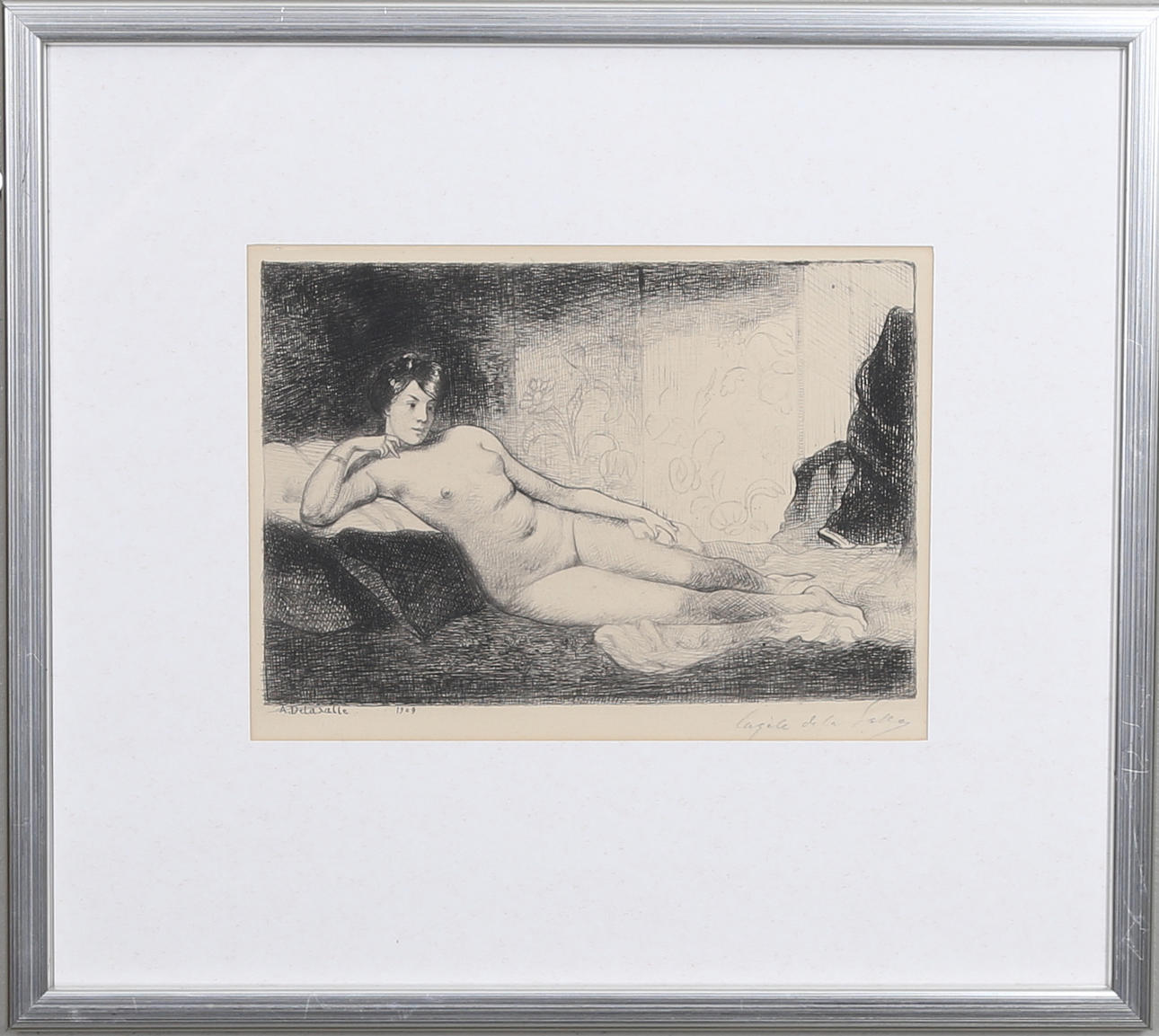 ANGELE DELASALLE. "Le repos", Etsning. Signerad i plåten samt i blyerts. Daterad i plåten 1909.