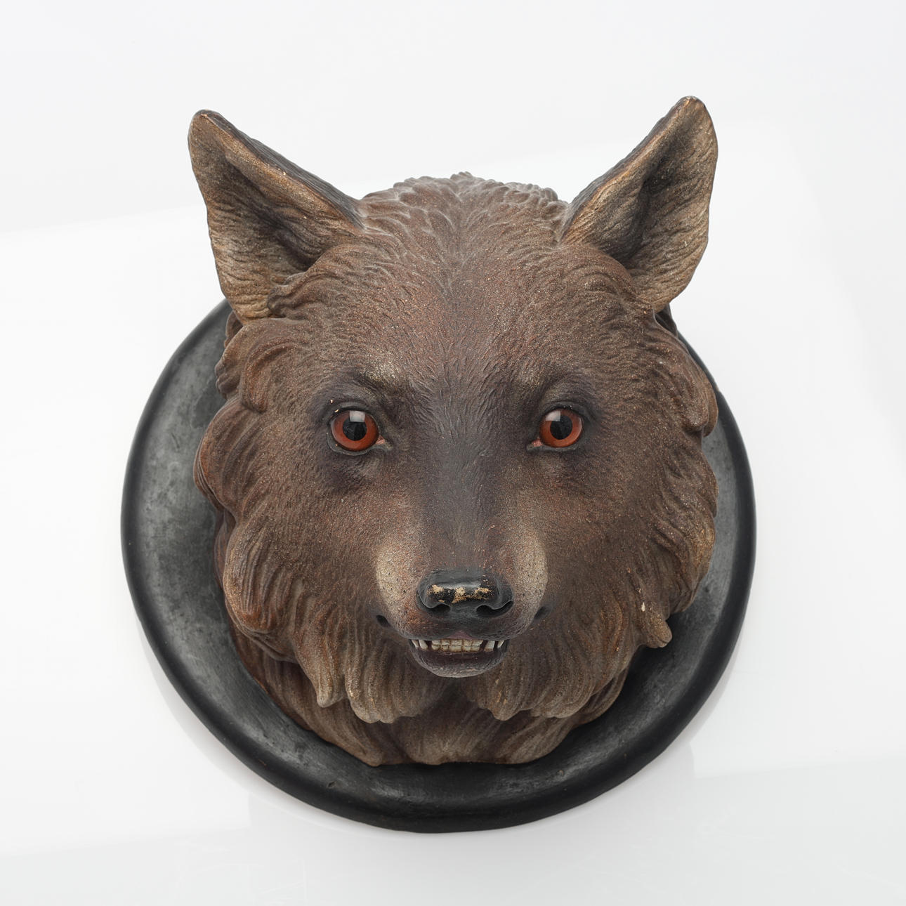 WALL SCULPTURE. Wolf head, painted plaster, probably Germany.