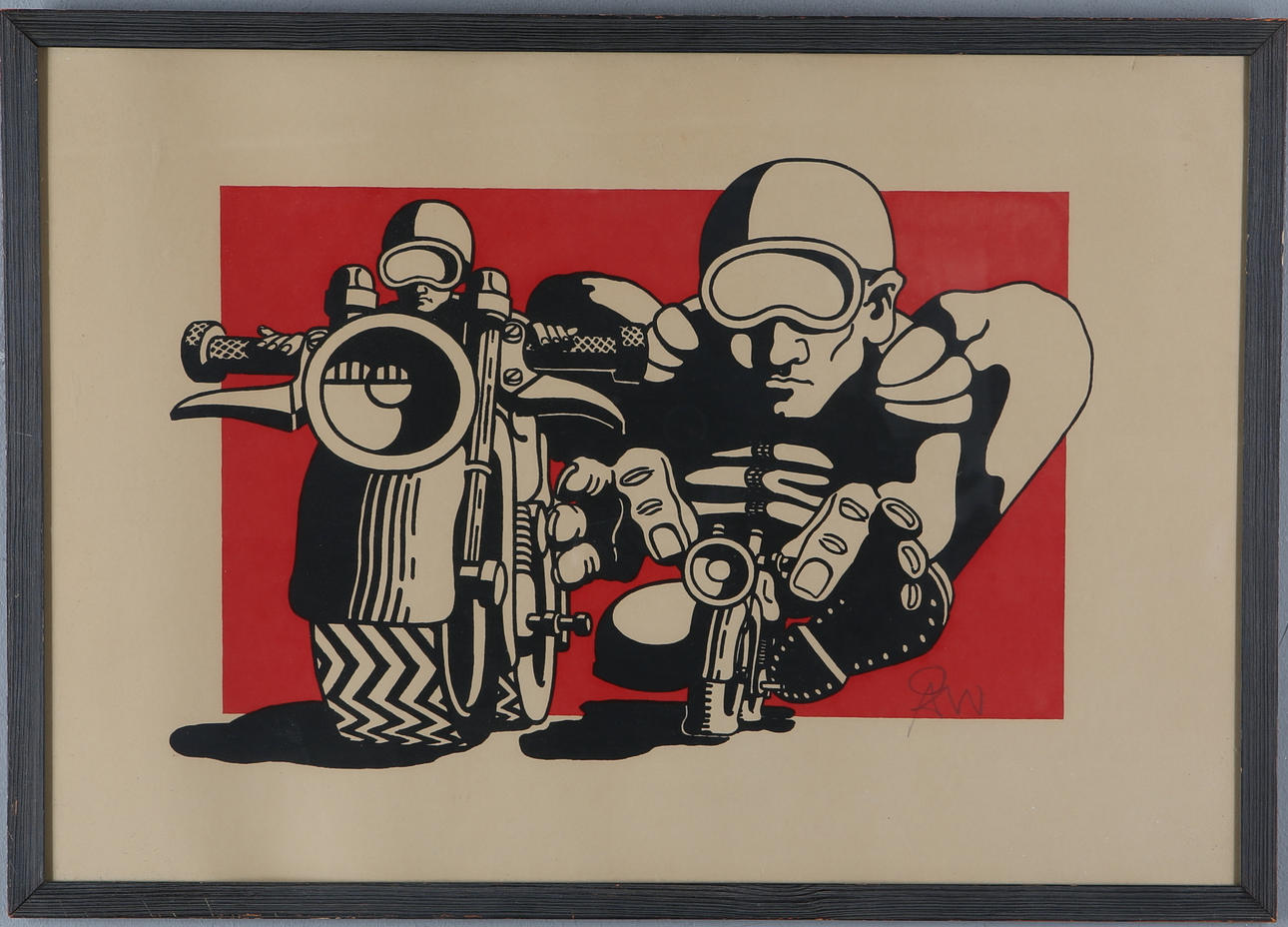 OIDENTIFIERAD KONSTNÄR. Motorcykel, färglitografi, monogramsignerad ÅW.