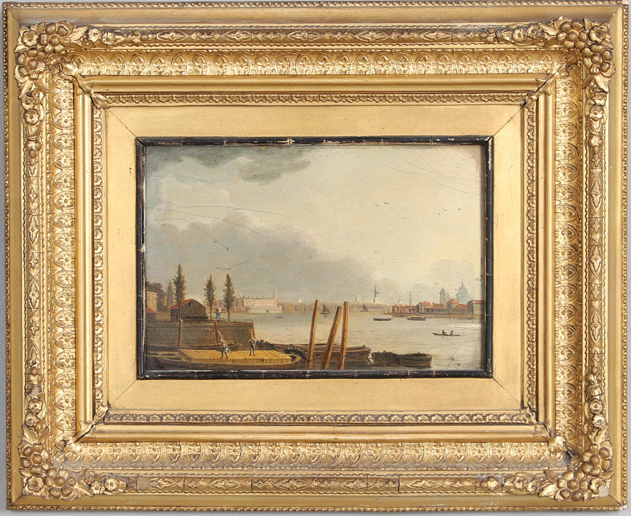 DANIEL TURNER (ACT.1782-1820). THAMES VIEW WITH ST PAUL'S IN THE DISTANCE AND FIGURES UNLOADING A BARGE IN THE FOREGROUND.