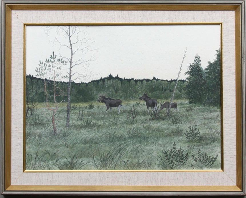 LEIF LINDSTRÖM. Älgar på mosse. Akvarell. Signerad och daterad 1975.