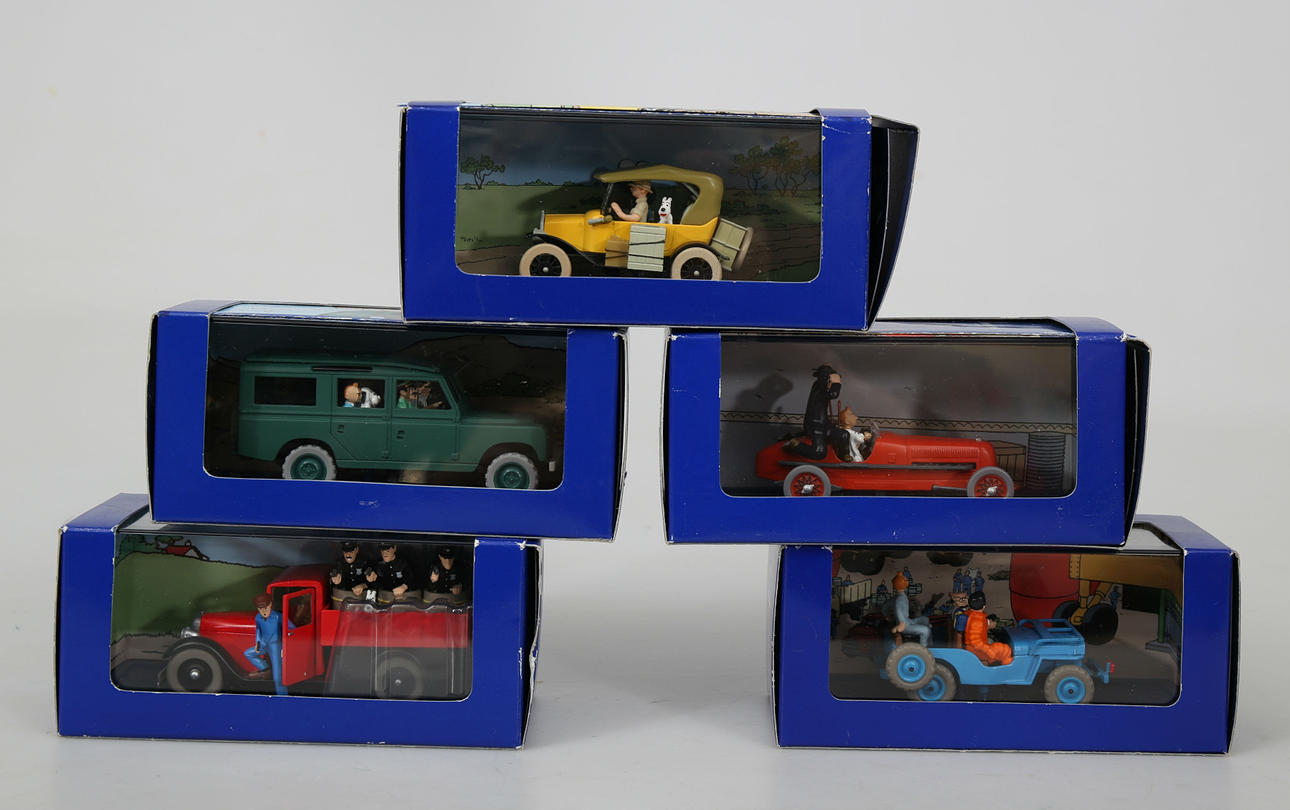 MODELLBILAR, Tintin, 5 stycken, Hergé-Moulinsart, 2002 och 2005, Kina.