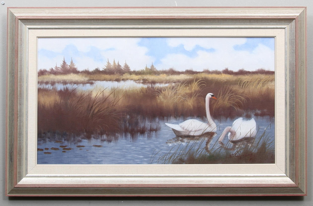 WALTER LILJENBERG. Svanar i sjölandskap. Olja på duk. Signerad.
