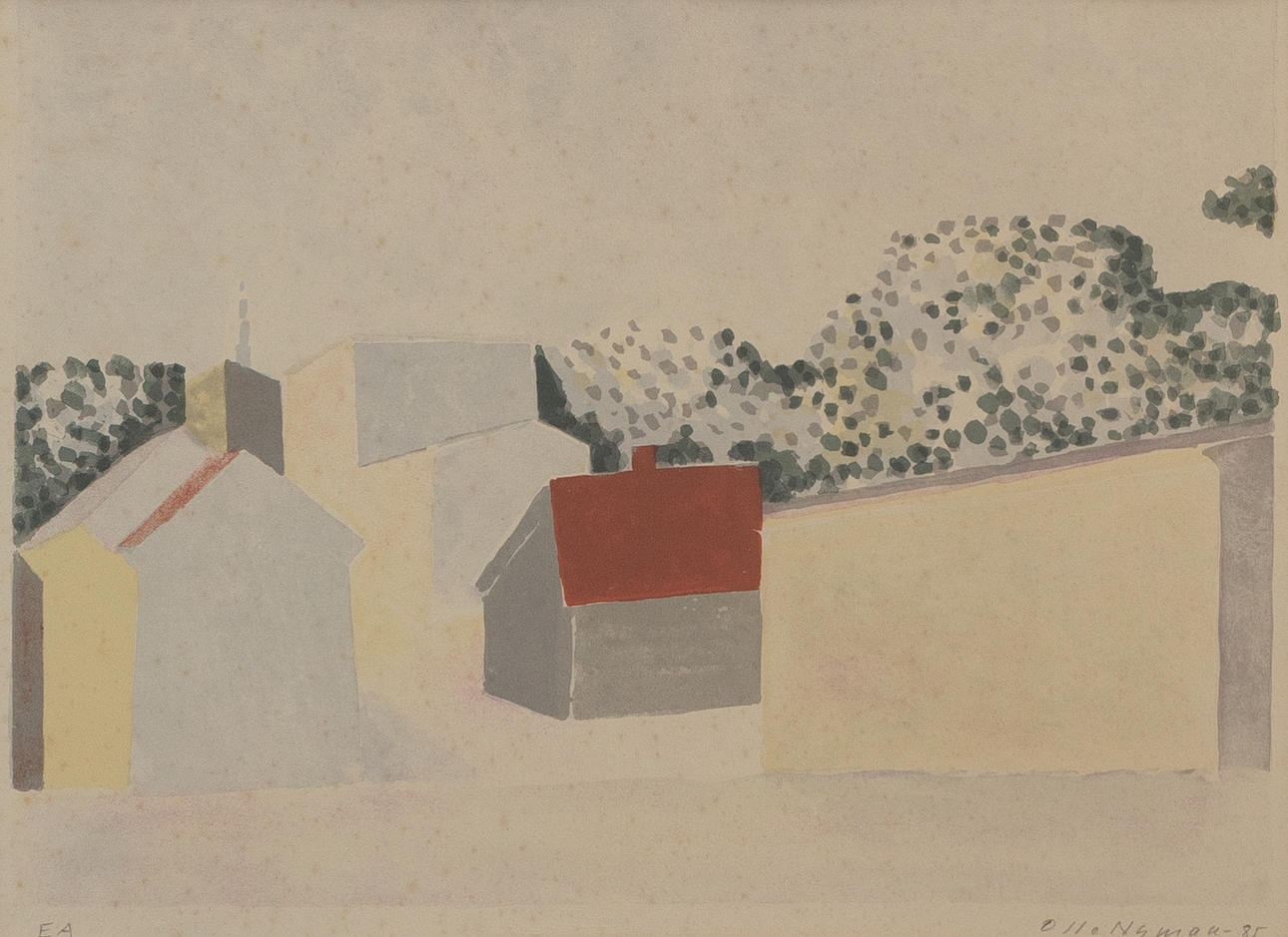OLLE NYMAN. Composition with houses, lithograph no. EA, signed and dated -85.