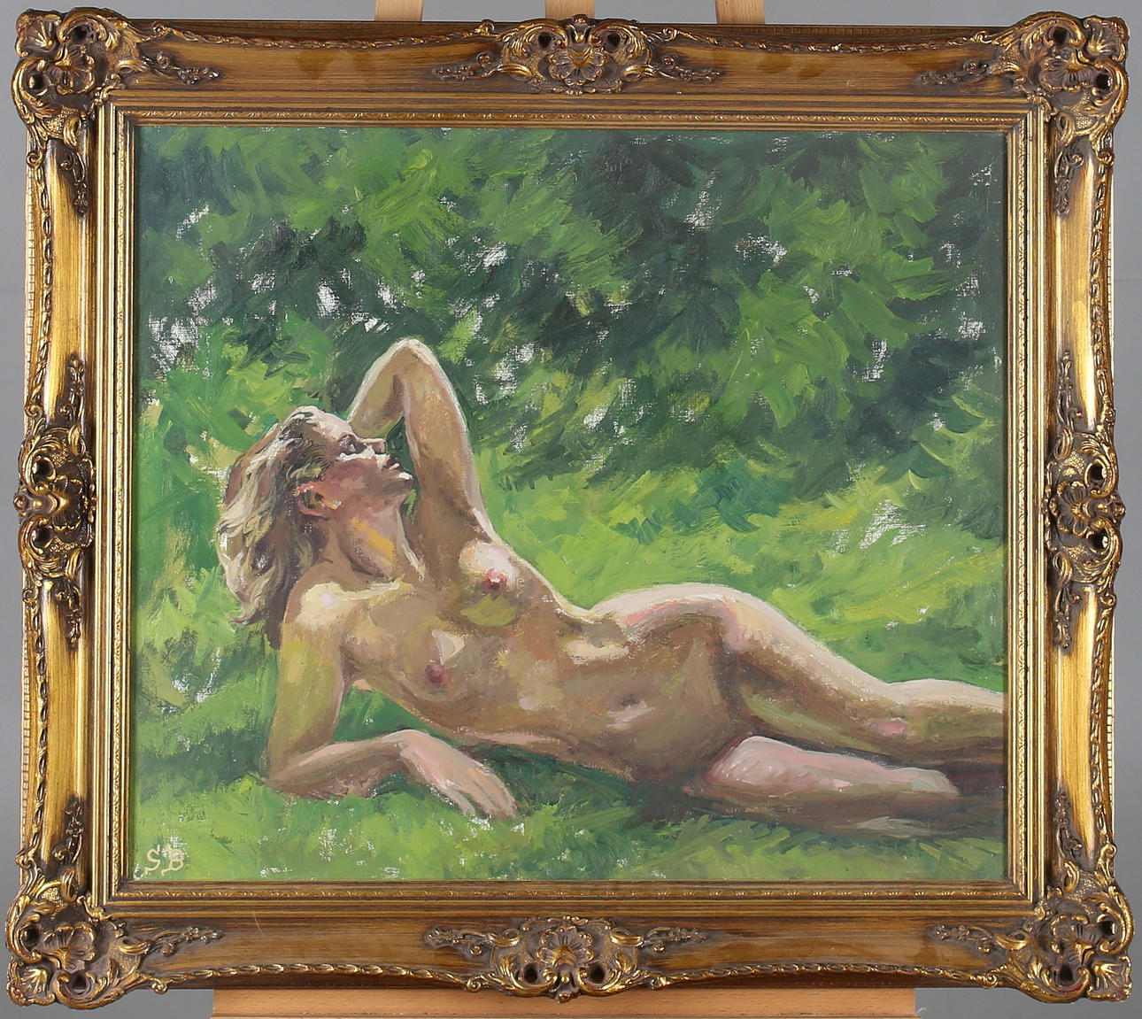 OIDENTIFIERAD KONSTNÄR. Nakenmodell i grönska, olja på duk, monogramsignerad S B.