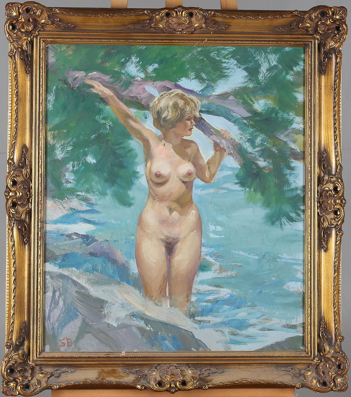 OIDENTIFIERAD KONSTNÄR. Nakenmodell i vattenbrynet, olja på duk, monogramsignerad S B.