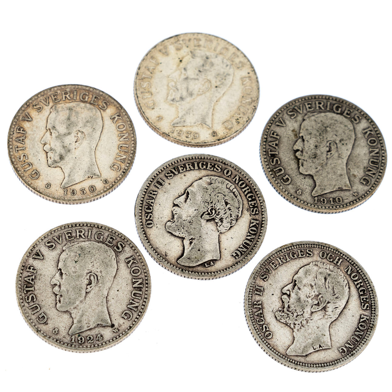 TVÅKRONOR, Silver, 6 st, 1878-1939.