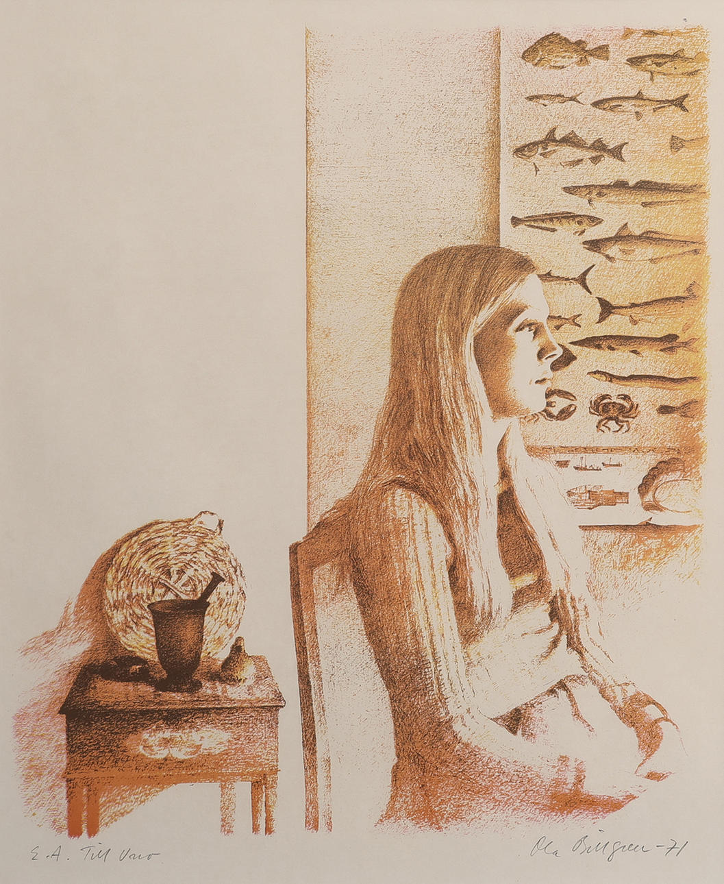 OLA BILLGREN. LITHOGRAPH, "PROFIL", SIGNED, NUMBERED EA AND DATED 1971, WITH DEDICATION.