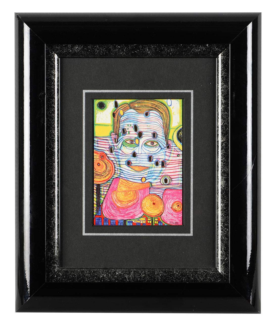 FRIEDENSREICH HUNDERTWASSER. ”Manligt huvud ovanför urban silhuett.”.