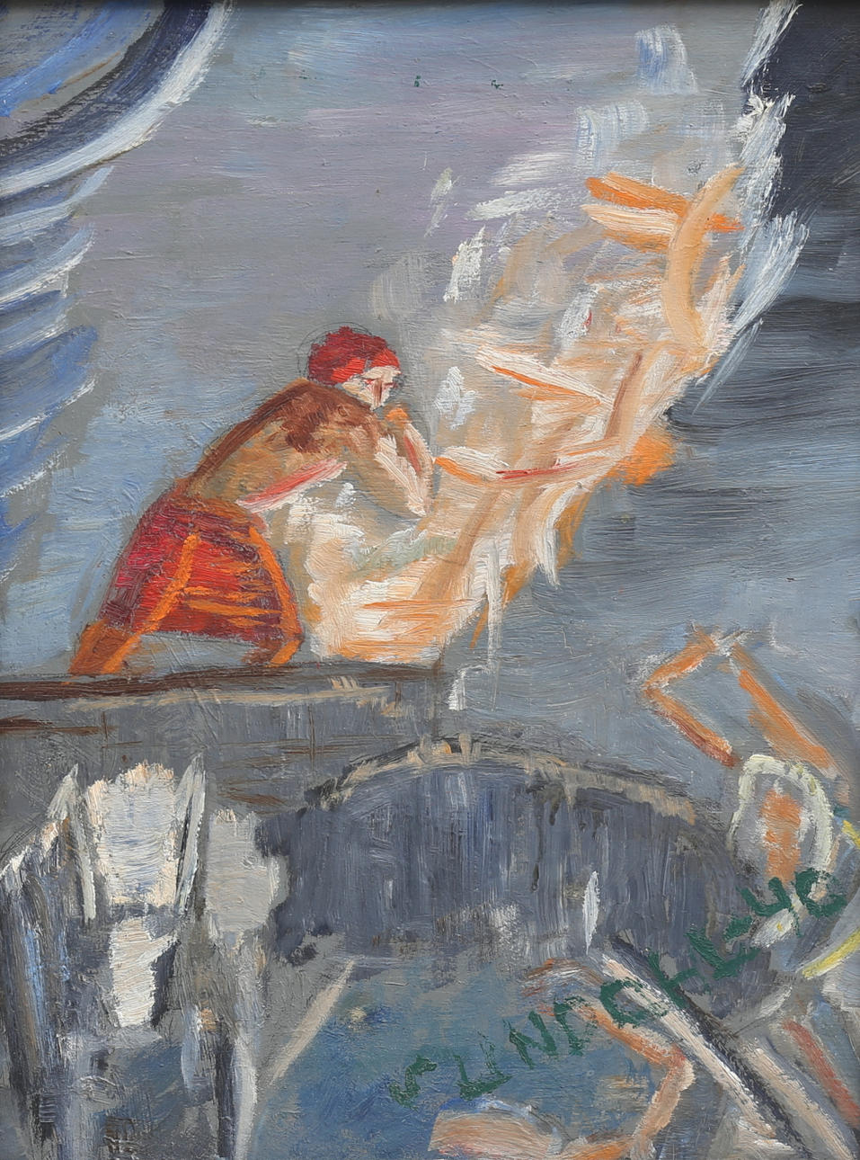 STEN LINDAHL. Figur vid eld. Olja på pannå, signerad och daterad -40.