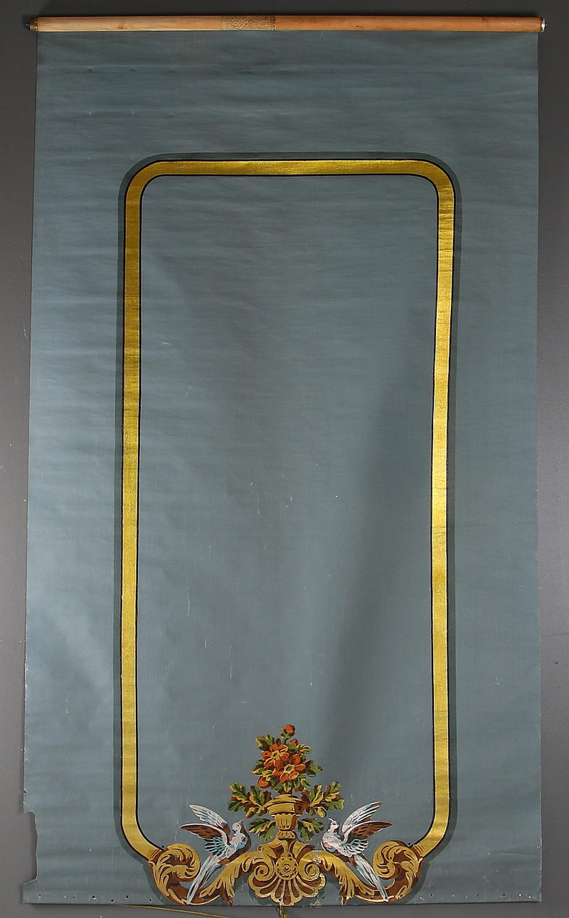 RULLGARDIN, bemålat papper, "Self Acting Shade Roller", Hartshorn´s, East Newark, New Jersey, U.S.A.1884.