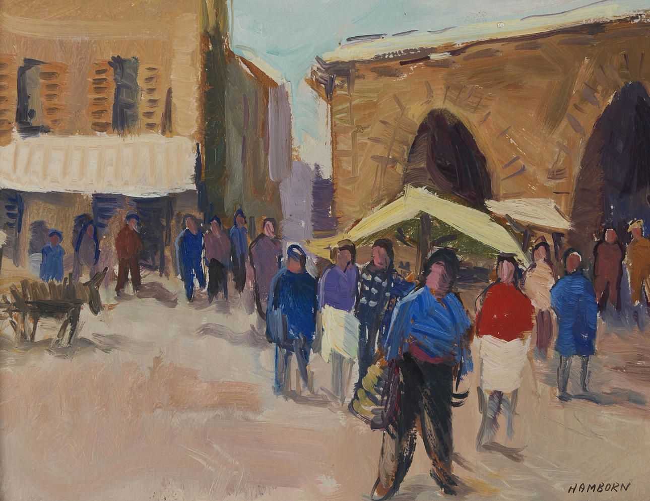 AXEL HAMBORN. Market scene, oil on panel, signed.