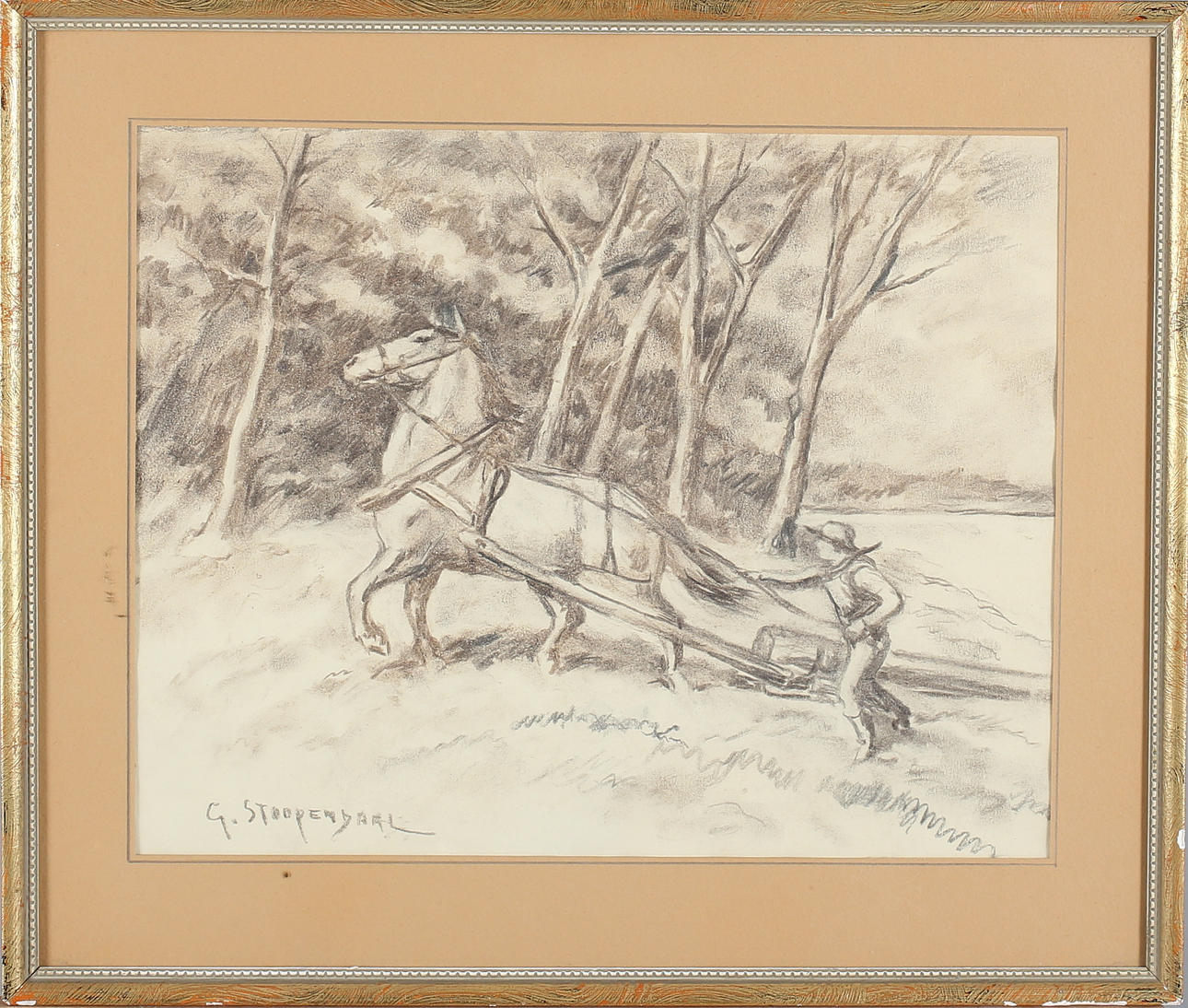 GEORGE STOOPENDAAL. Timmerhäst, kol/blyerts på papper, signerad.