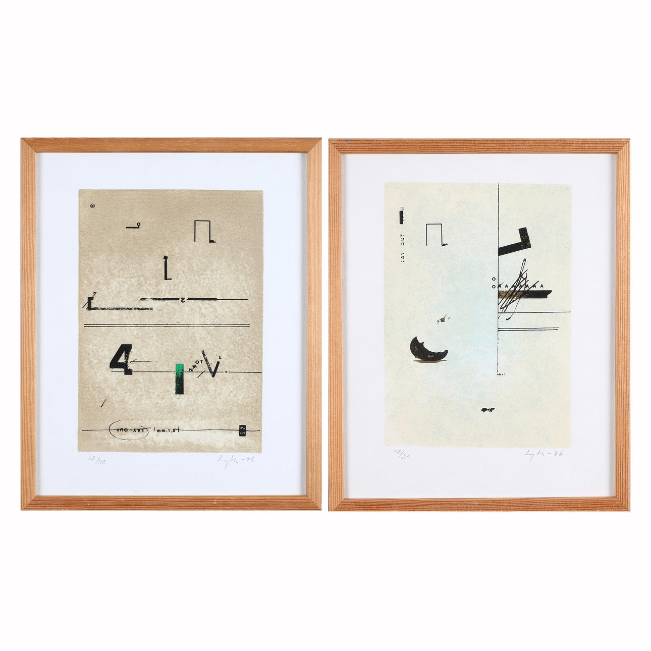 HARALD LYTH. Kompositioner, 2 st. färglitografier, signerade, numrerade 12/30 och daterade -76.