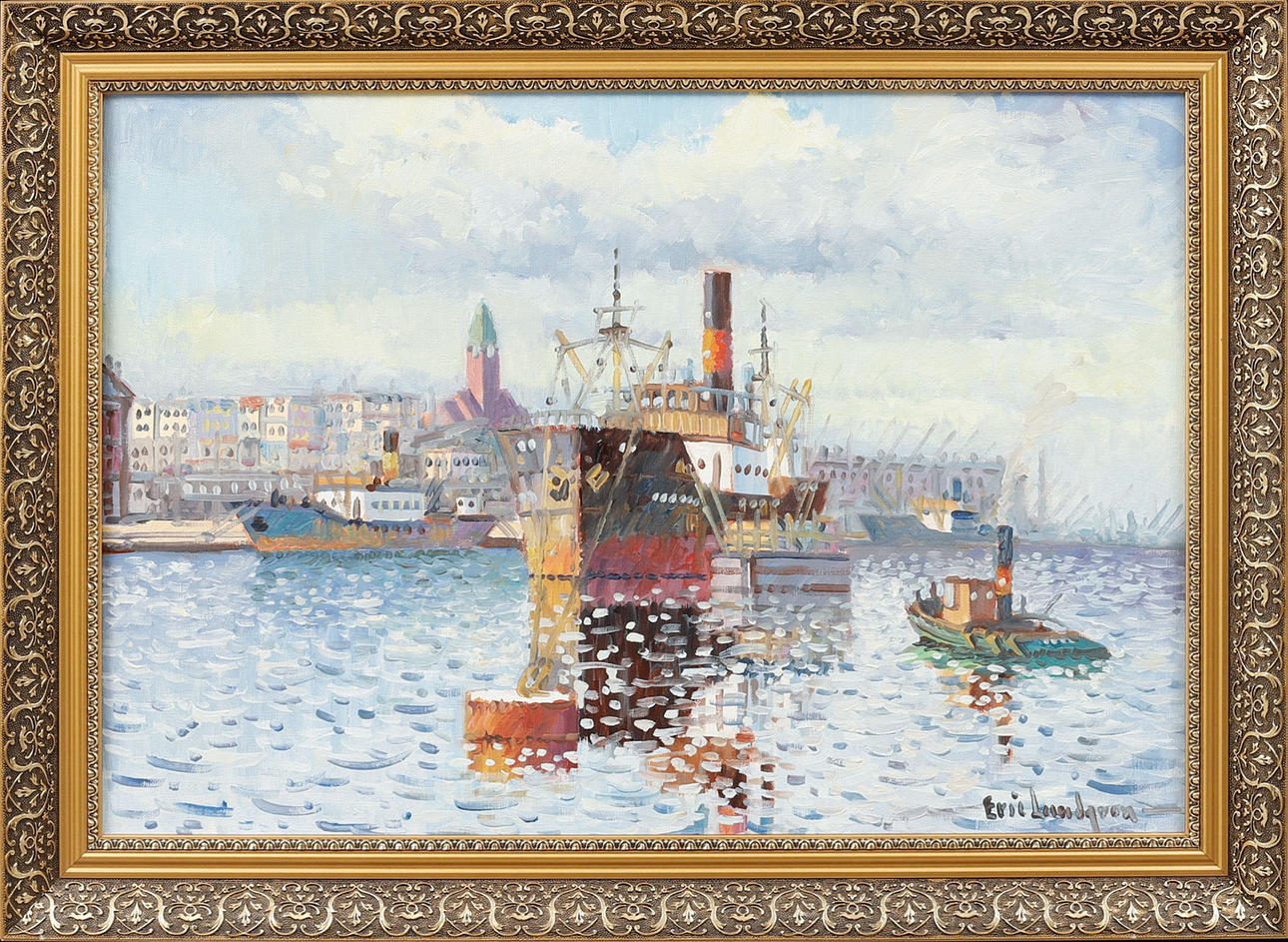 ERIC LUNDGREN. Harbour scene, oil on canvas, signed.