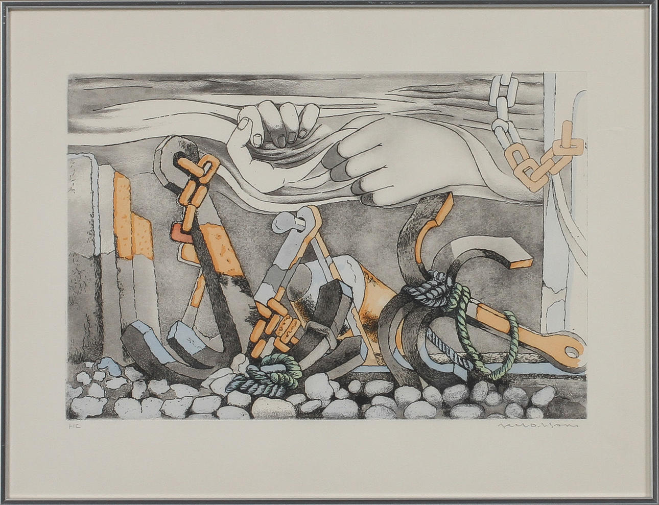 AXEL OLSON. Surrealistisk bild, färglitografi, signerad, HC.