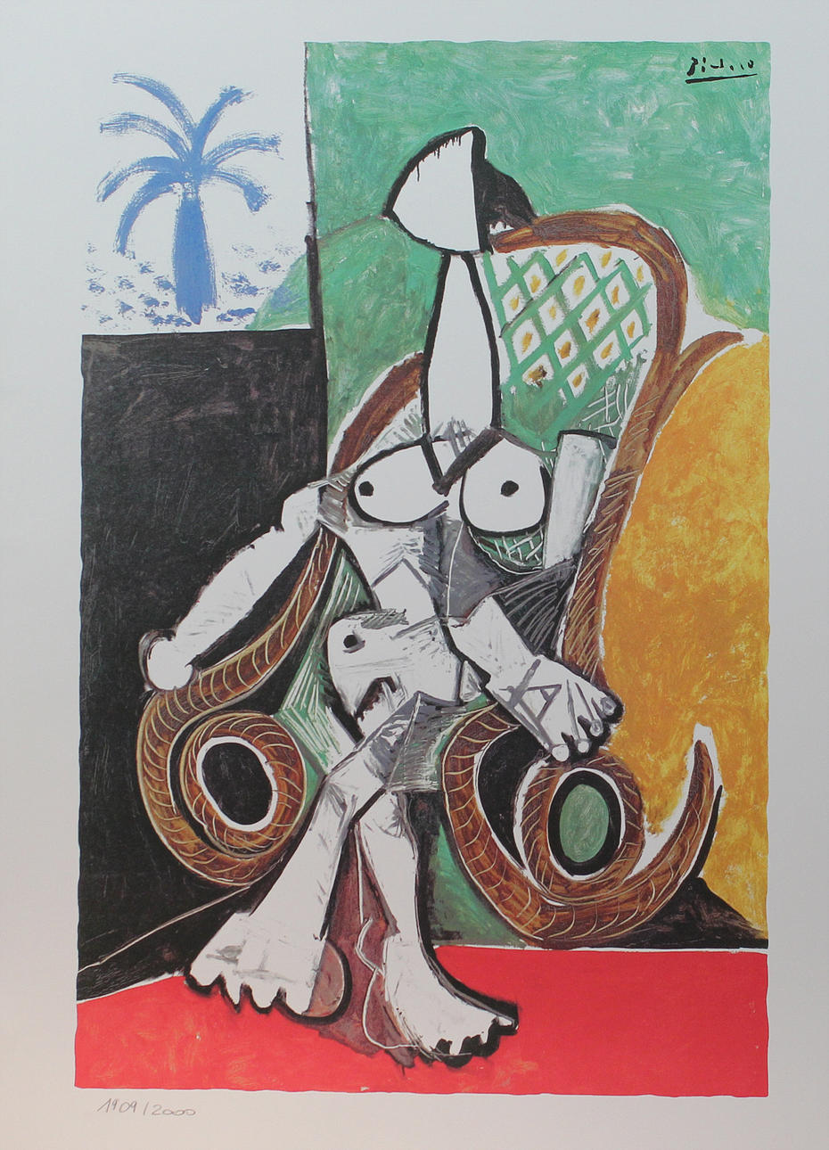 PABLO PICASSO. EFTER. Kubistisk modell.. Färglitografi. Signerad Picasso i trycket. Numrerad 1909/2000 med blyerts.