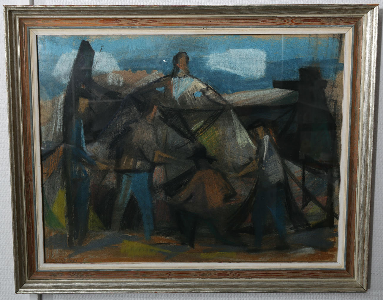 STIG WERNHEDEN. Pastell, "Sardinfiskare rensar näten", signerad Wernheden.