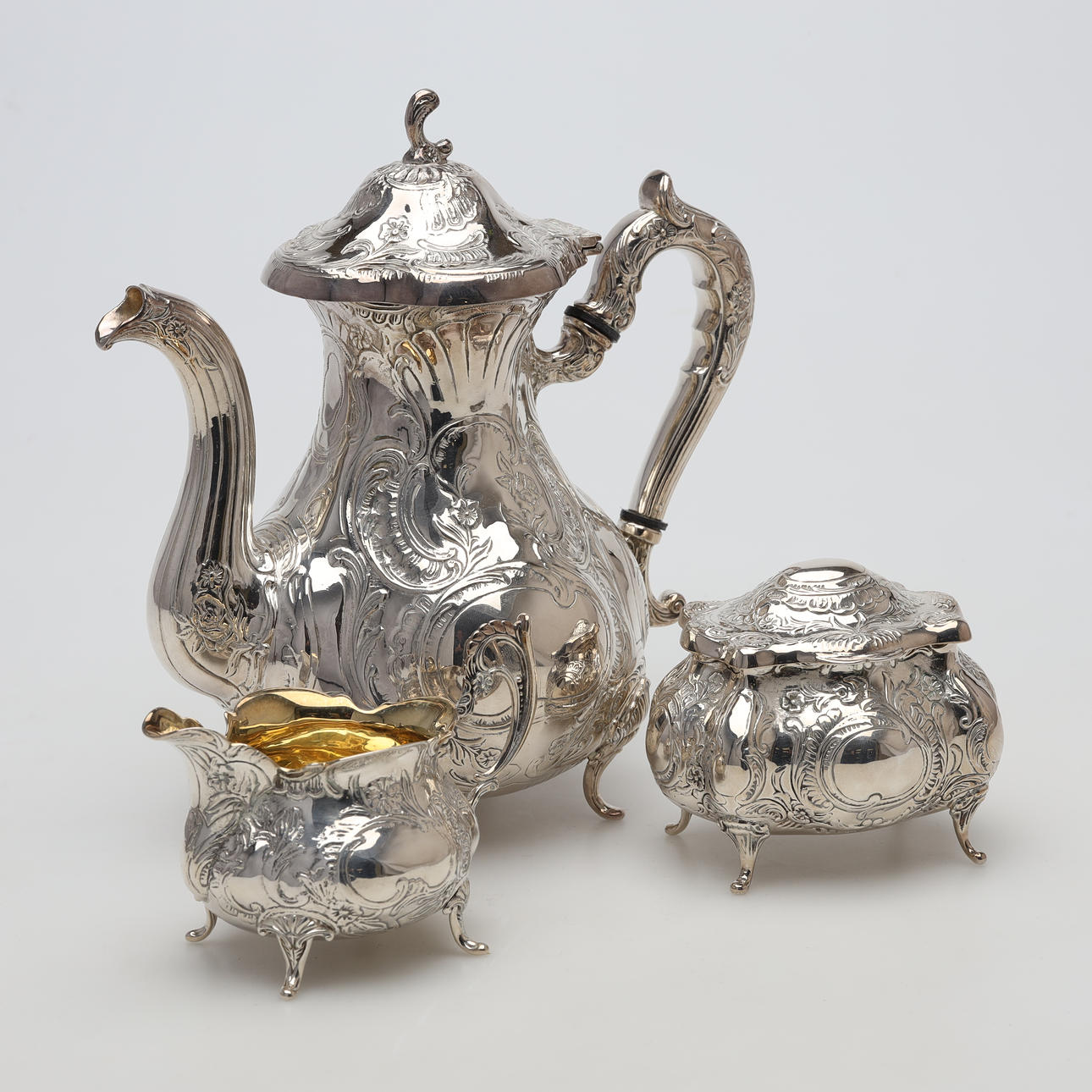 KAFFESERVIS silver, 3 delar, vikt ca 1440 gram.
