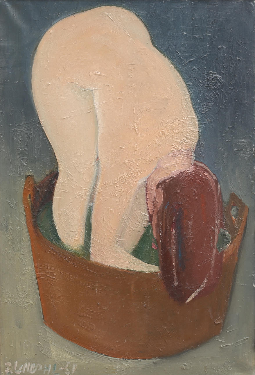 STEN LINDAHL. Naken kvinna tvättar håret. Olja på duk, signerad och daterad -51.