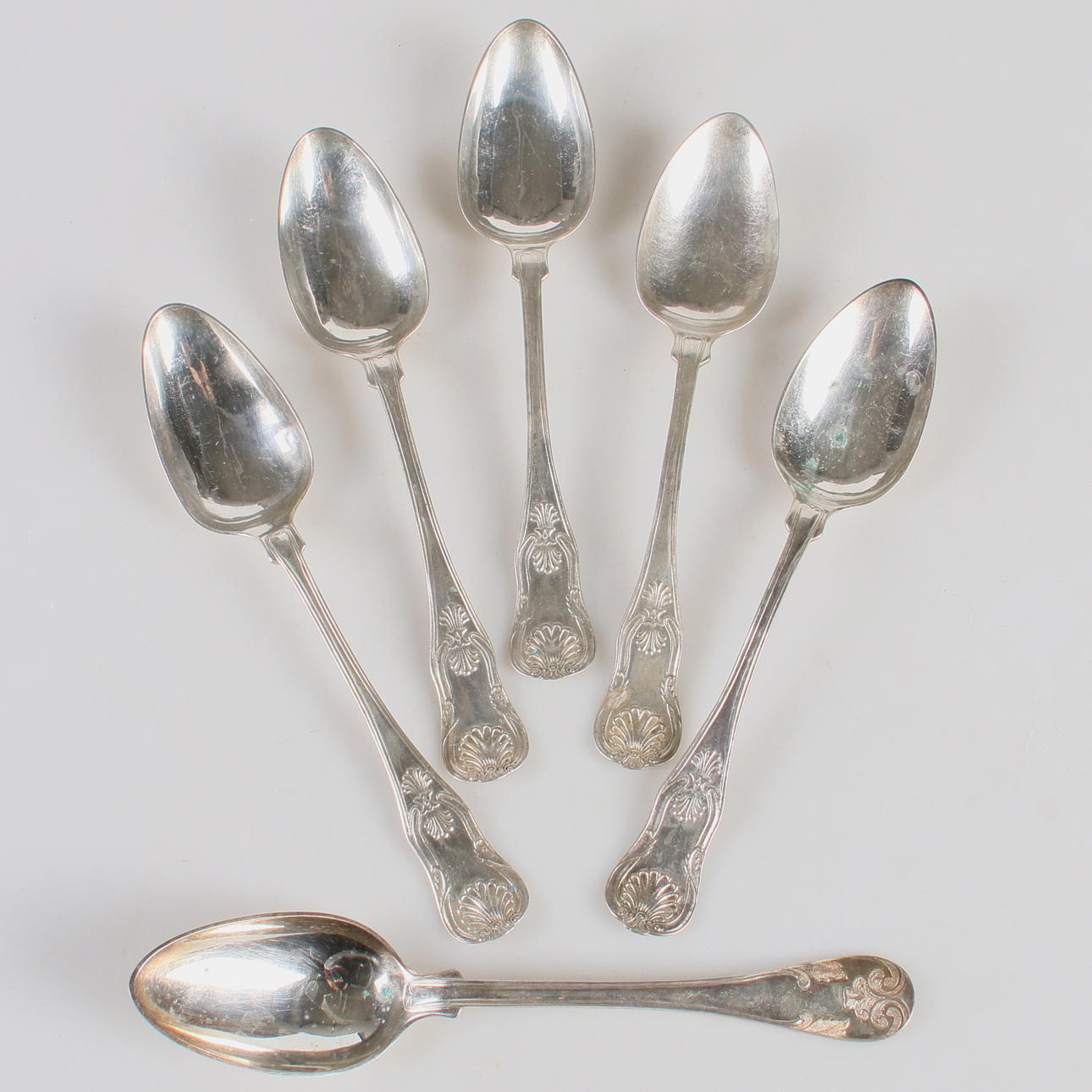 SKEDAR, 6 st. Silver, delvis "Engelsk snäck", E. Fröberg, 1800-tal.