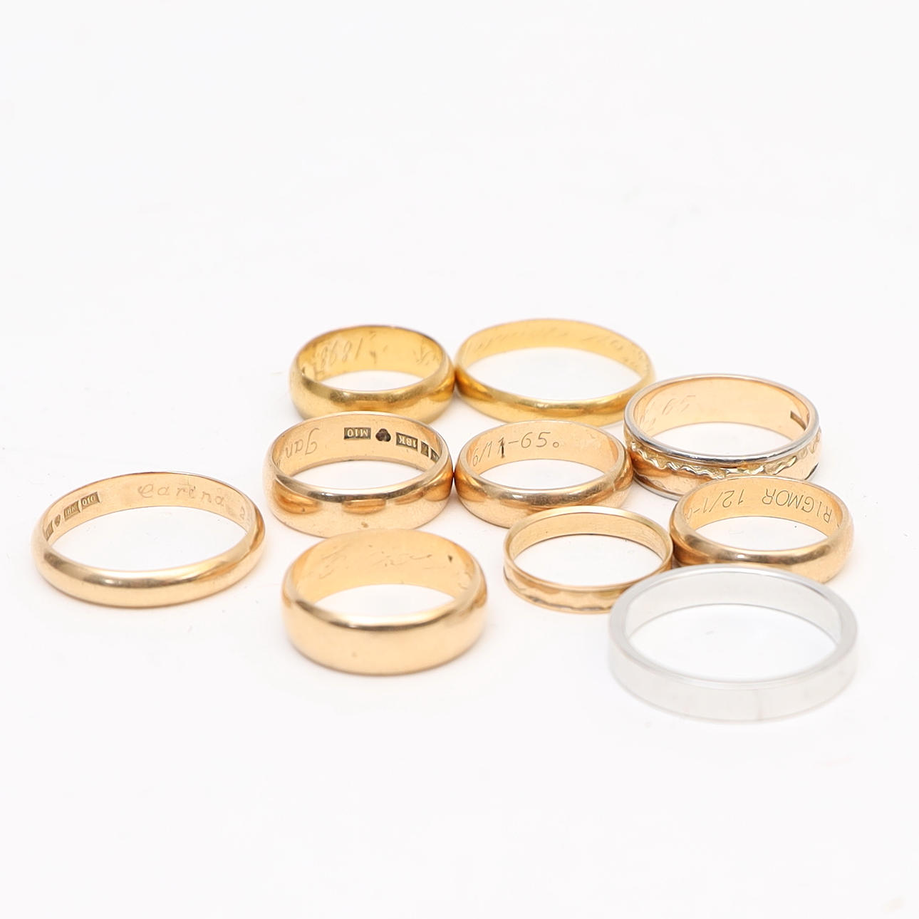 Ringar 10st, 18 samt 23k, guld.