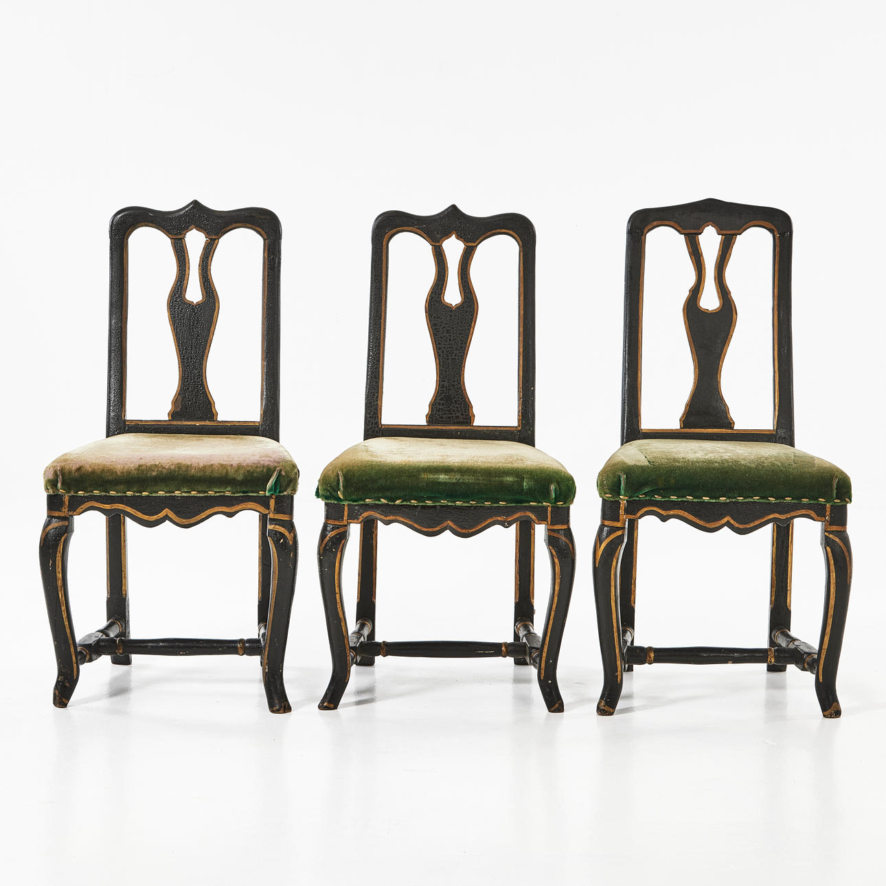 CHAIRS, 6 pcs., 18th century, provincial Rococo work, black-painted ...