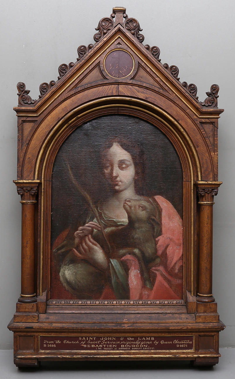 OIDENTIFIERAD KONSTNÄR. Olja på duk, uppklistrad på pannå, efter "Saint John & the Lamb", Sebastien Bourdon, 1700/1800-tal.