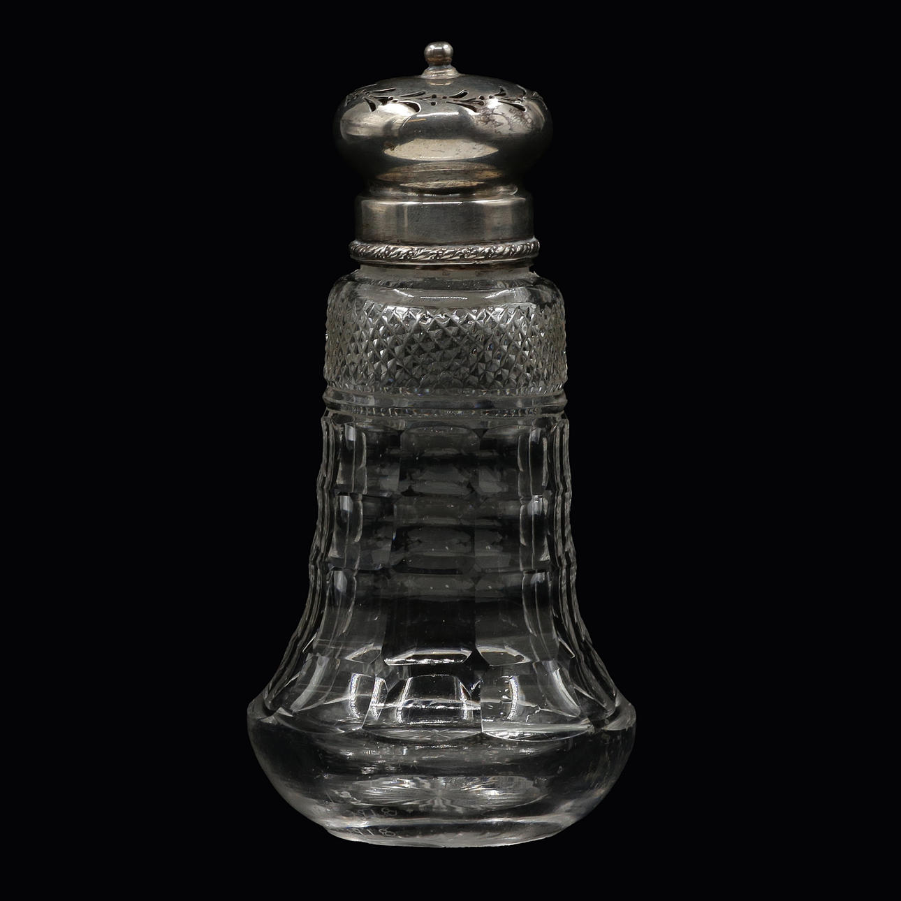 STRÖARE "SOCKERRUSKA" SILVER, GLAS, ENGLAND, 1900-TALETS FÖRSTA HÄLFT.