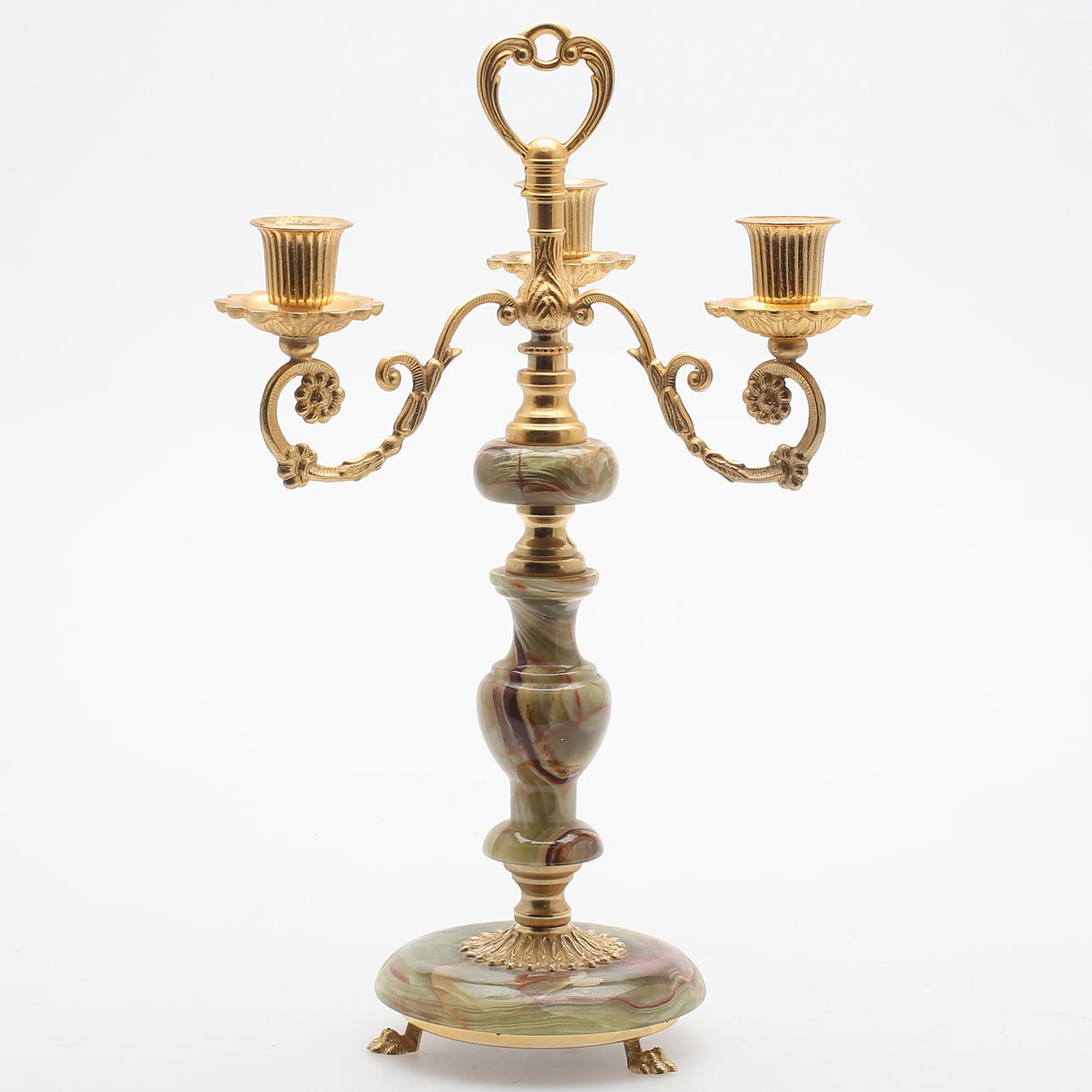 LJUSSTAKE, 3-armad, marmor/gulmetall, 1900-tal.