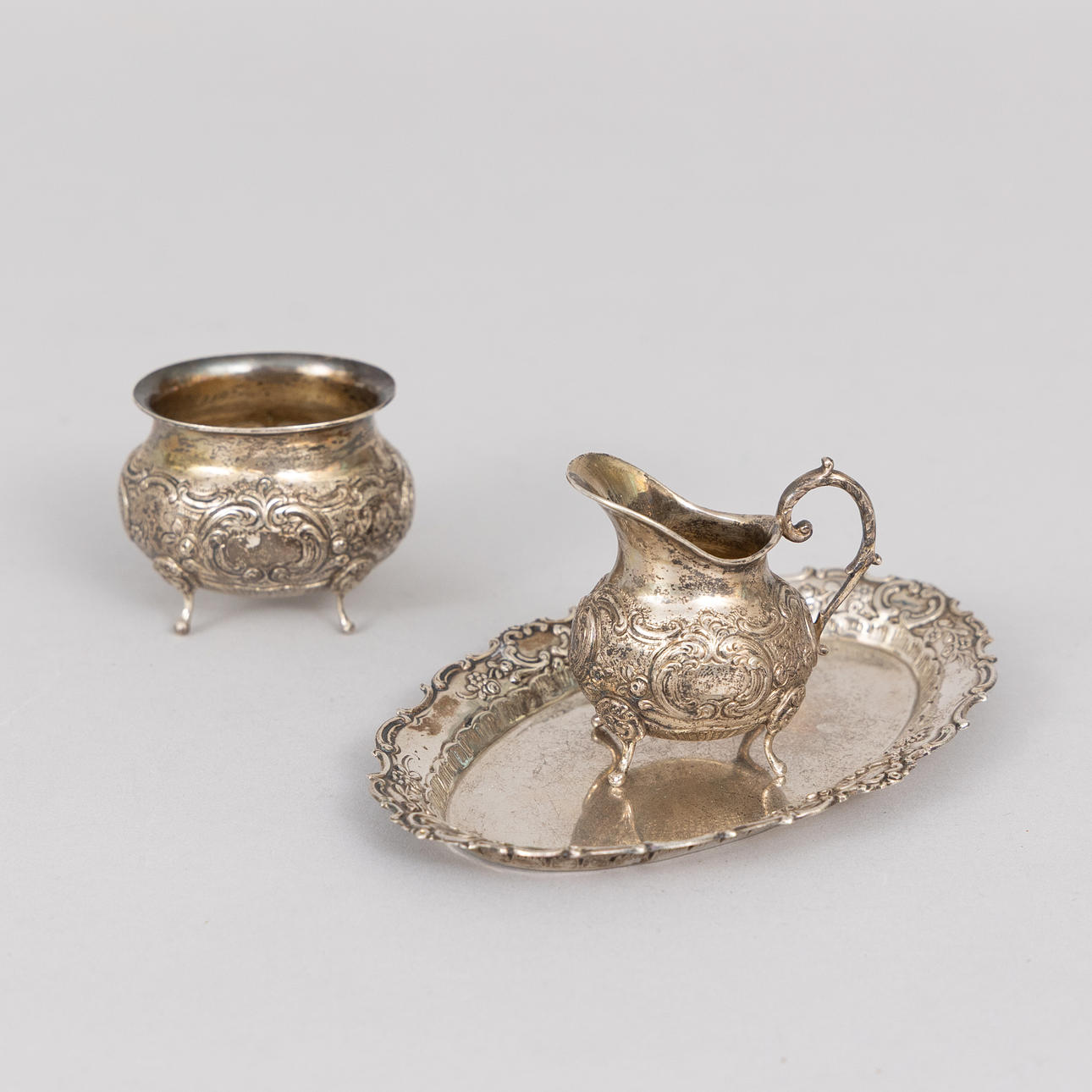 SOCKERSKÅL & GRÄDDKANNA, 3 delar, Silver.