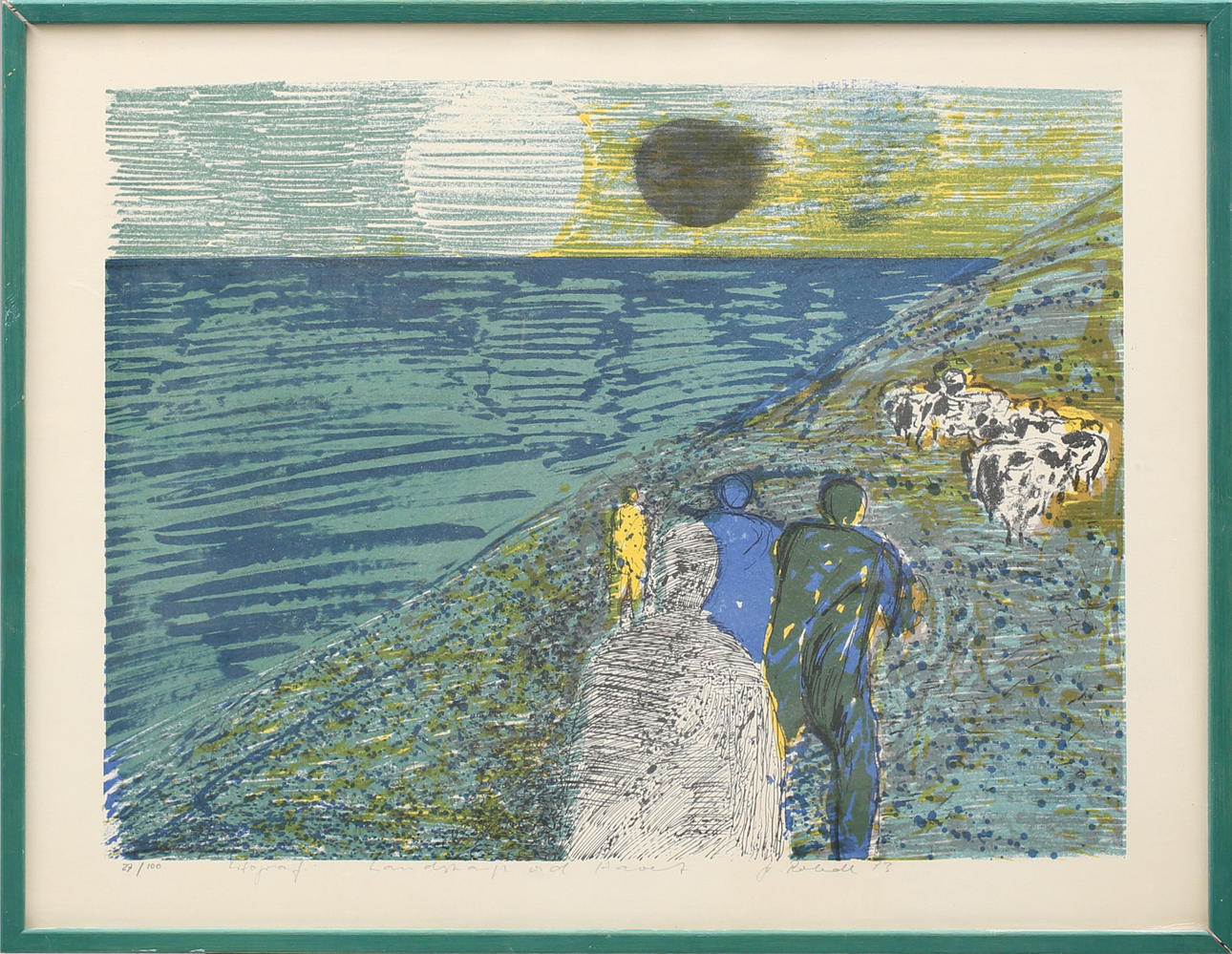 FREDRIK ROHDE. "Landskao vid hav", färglitografi nr 27/100, signerad Fr Rohde och daterad -73.