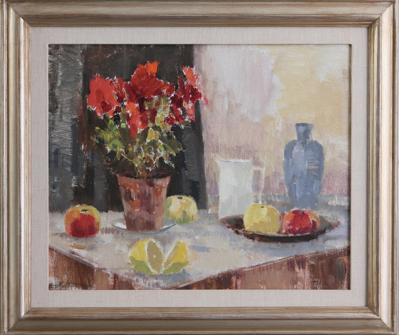 RAGNAR FALK. Stilleben med frukter och blommor, olja på duk, signerad.
