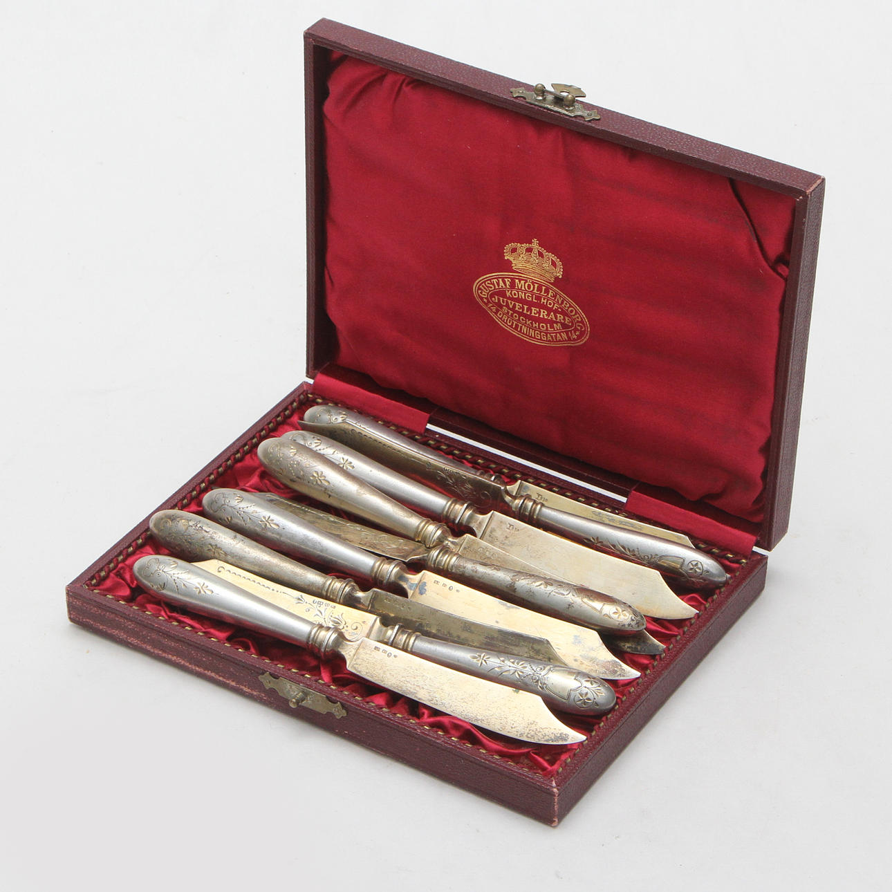 KNIVSET, 9 st, silver, Gustaf Möllenborg, i etui.