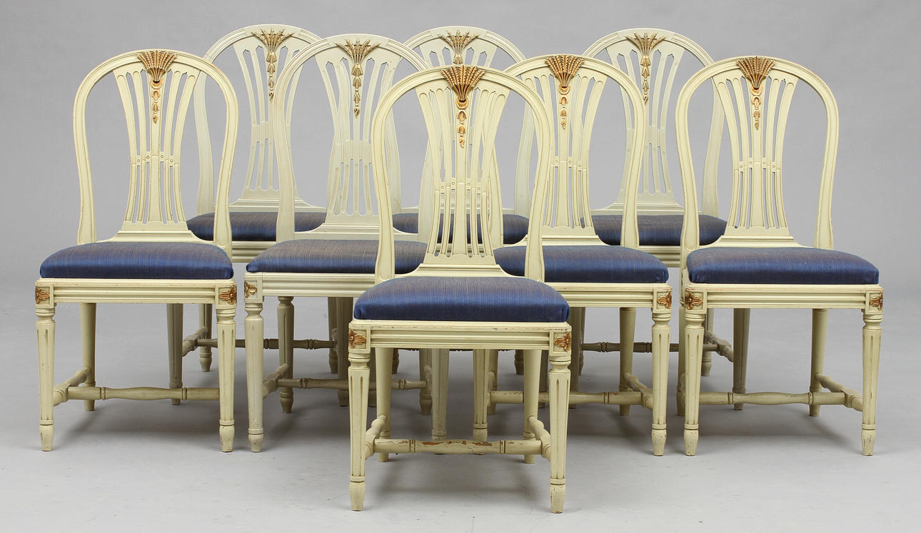 STOLAR samt TABURETT, 9 delar, gustaviansk stil, 1900-tal.