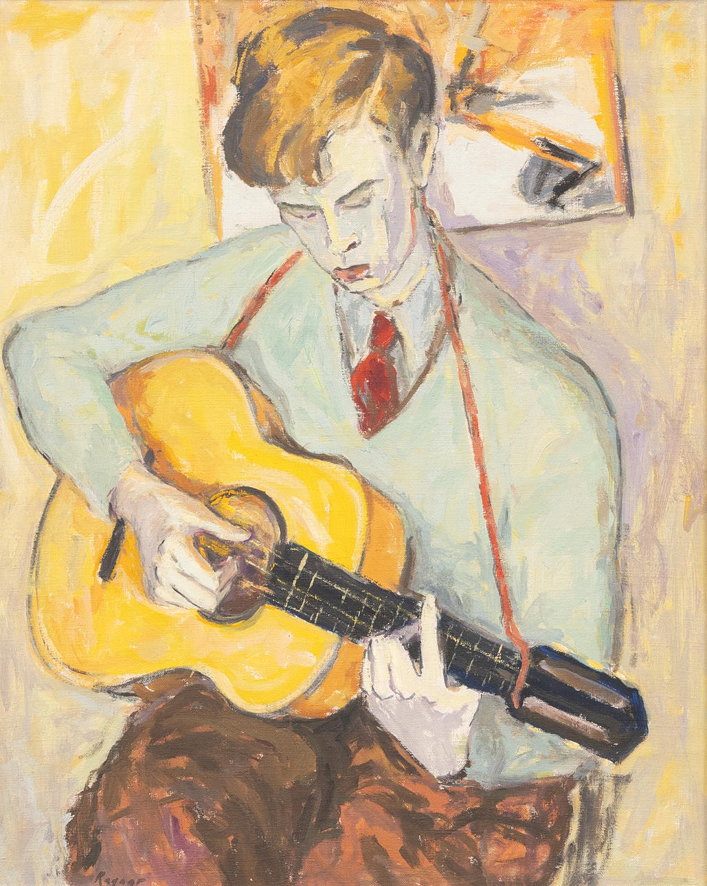 OIDENTIFIERAD KONSTNÄR. Gitarrspelare, olja på duk, signerad Ragnar.