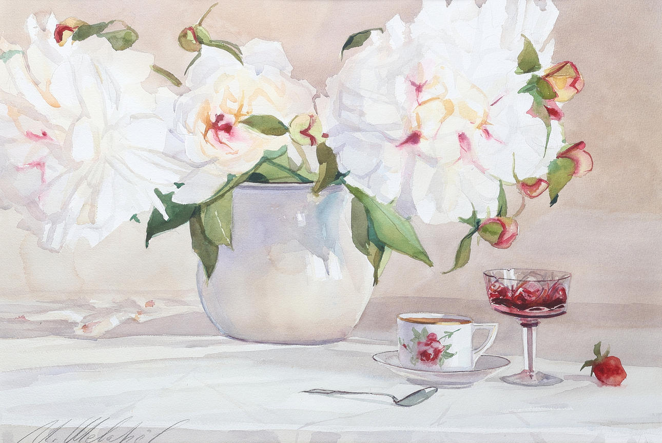 AKVARELLMÅLNING, troligen Michael Shevarjov, blomsterstilleben.