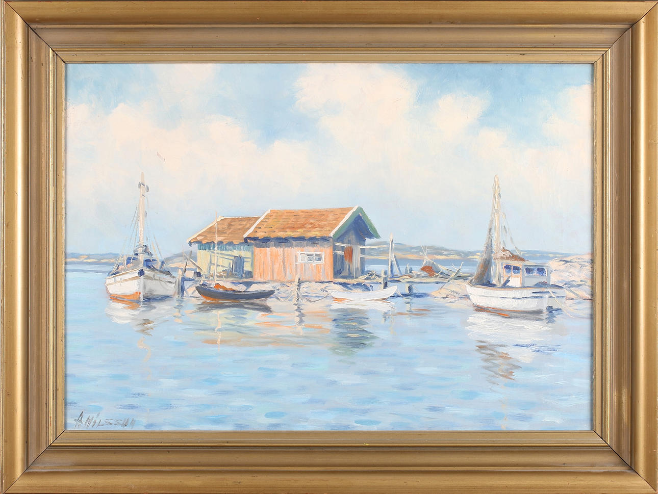 ALGOT NILSSON. Sol vid fiskestugan, olja på duk, signerad.