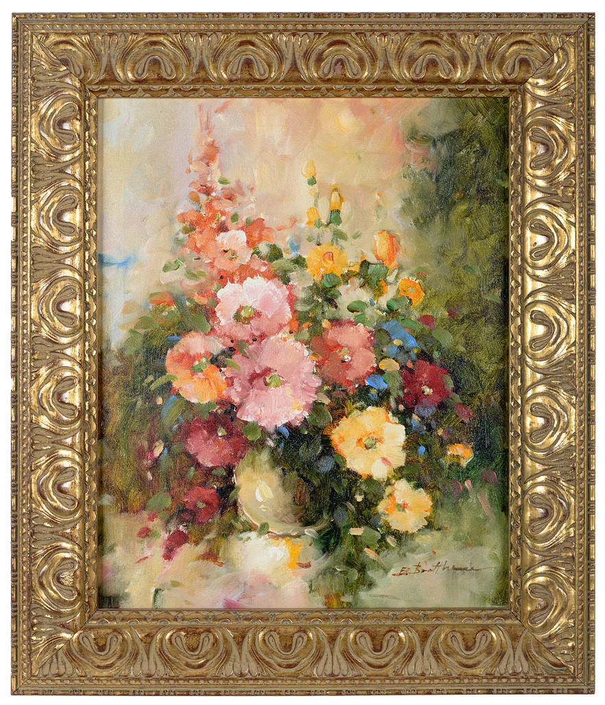 STILLEBEN AV OLIKA SOMMARBLOMMOR. Magnifik ram, signerad på franska.