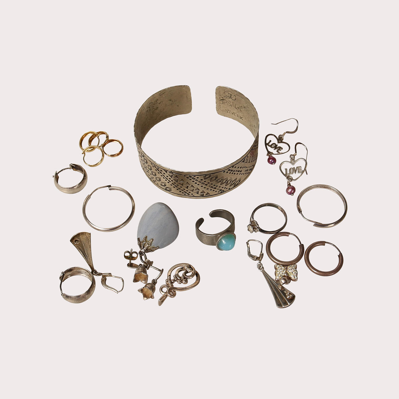 SILVER JEWELLERY a group, and THREE RHINESTONE OBJECTS, bangle, ring with green stone, pendant with stone. Total silver weight 18.5 grams.