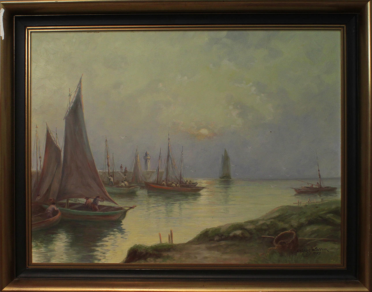 ANDERS WALLIN. PARTI TAVLOR (3). Landskap och fiskarporträtt. Oljor på pannå och pannå. Signerade och daterade.