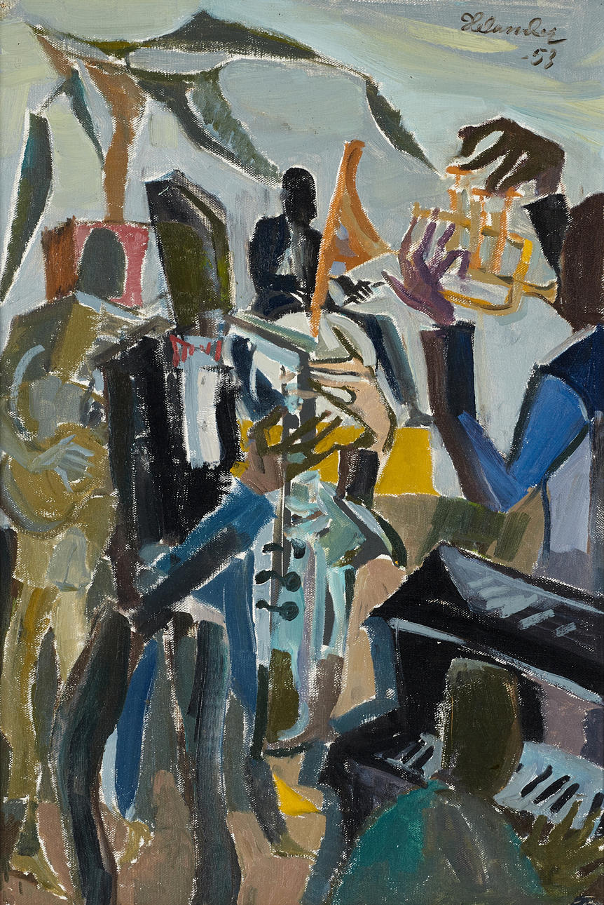 JERKER HELANDER (1920–2000). Jazz orchestra, signed, dated -53, oil on canvas.