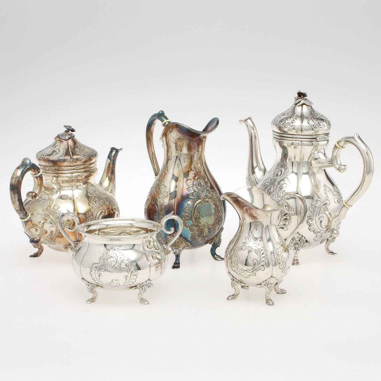 KAFFE -OCH TESERVIS, 5 delar, sterlingsilver, Dragsted Danmark. Vikt ca 2440 gram.