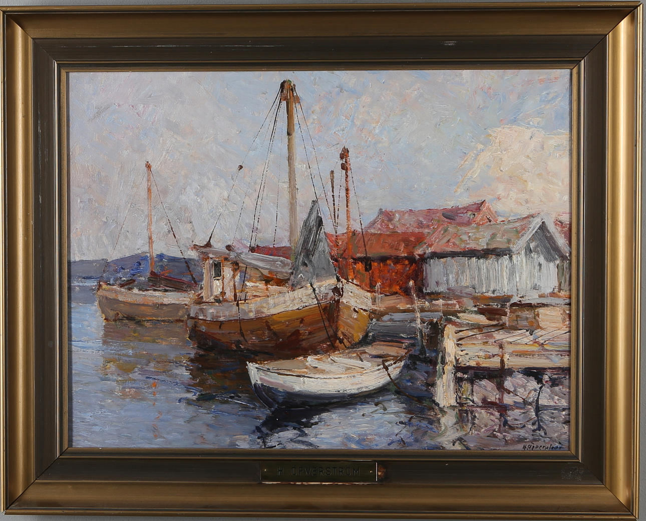 HUGO ÖFVERSTRÖM. Hamnmotiv, olja på duk, signerad.