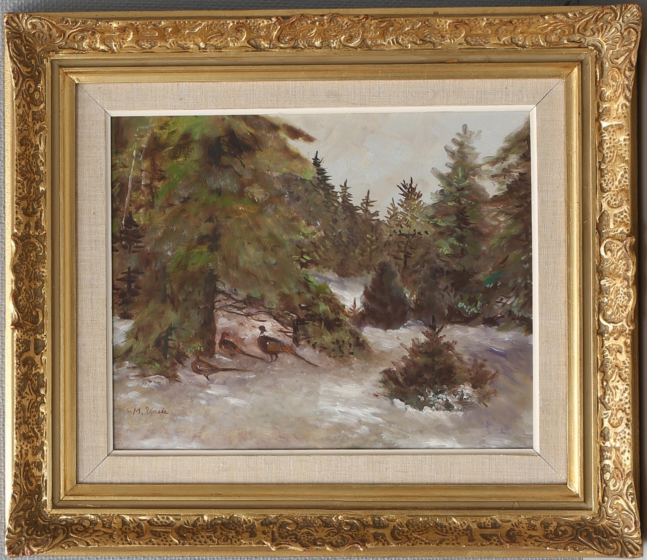 OIDENTIFIERAD KONSTNÄR. "Fasaner", olja på pannå, signerad M Vaste.