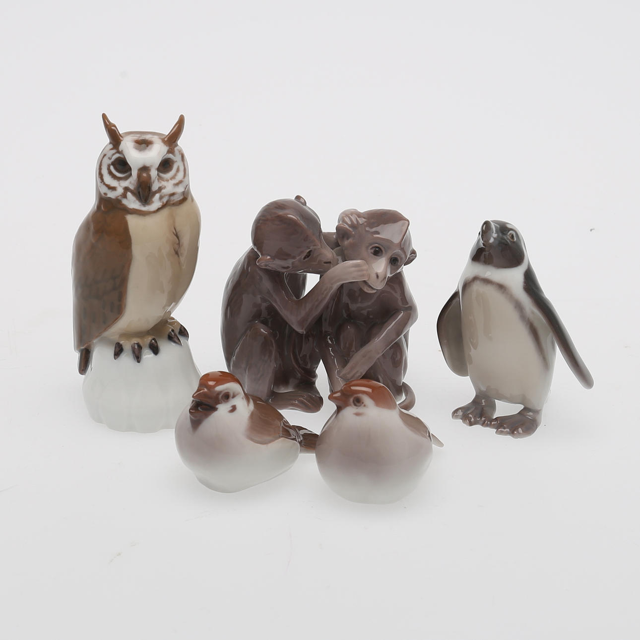 FIGURINER i porslin, djur, 5 stycken, Bing & Gröndahl, Danmark.