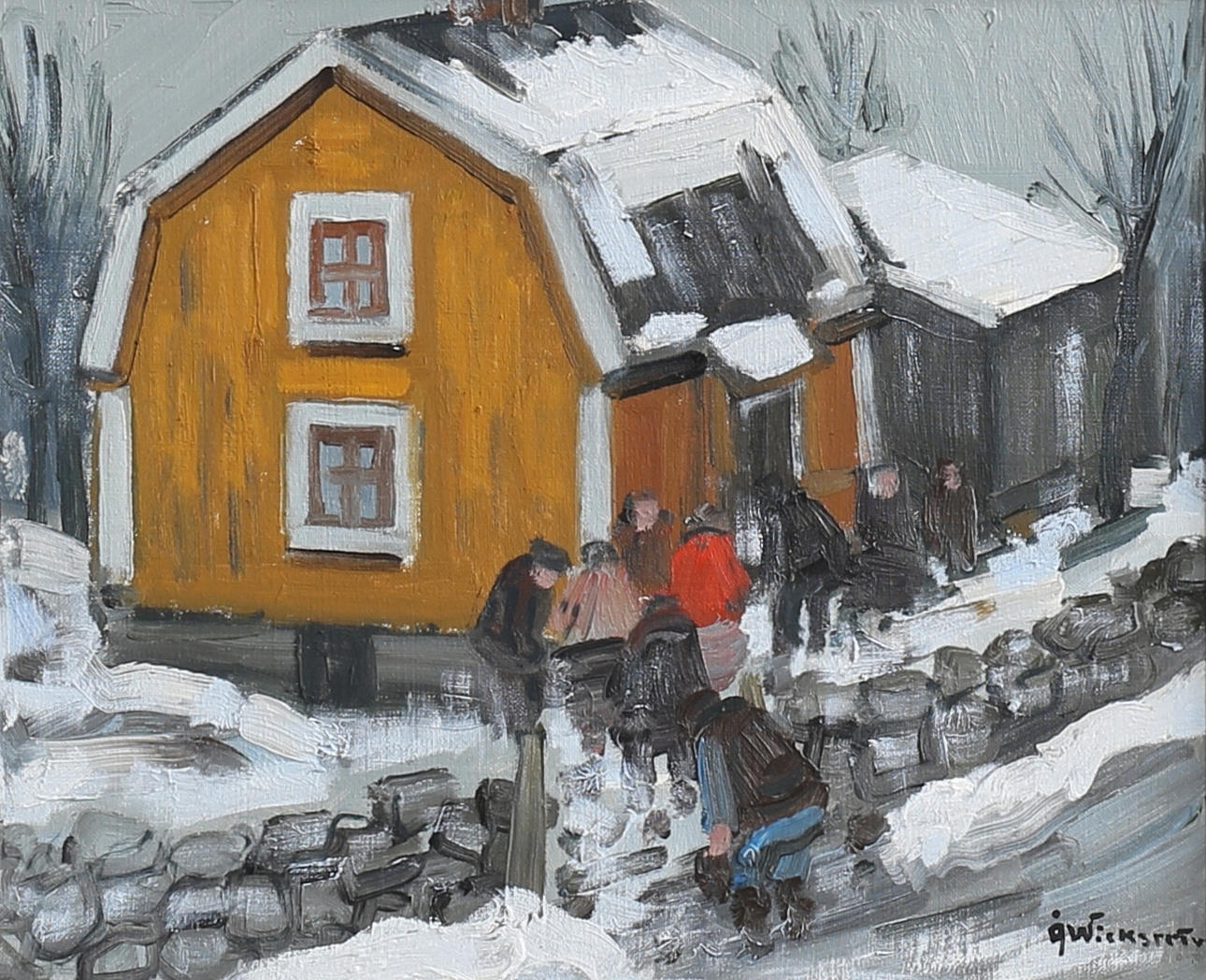 ÅKE WICKSTRÖM. Folksamling vid gult hus. Olja på duk, signerad.